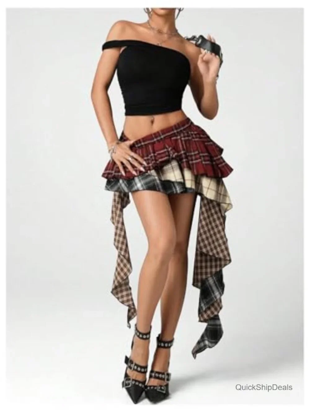 Plaid Asymmetrical Mini Skirt Built-in Shorts Tiered Ruffle Low Waist Y2K
